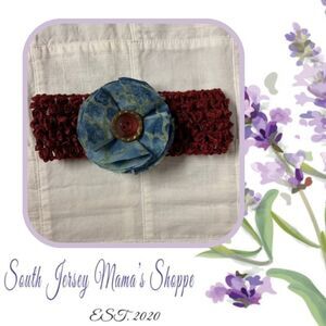 Handmade Infant Headband Burgundy Denim Blue & Green Flower Center Size Preemie